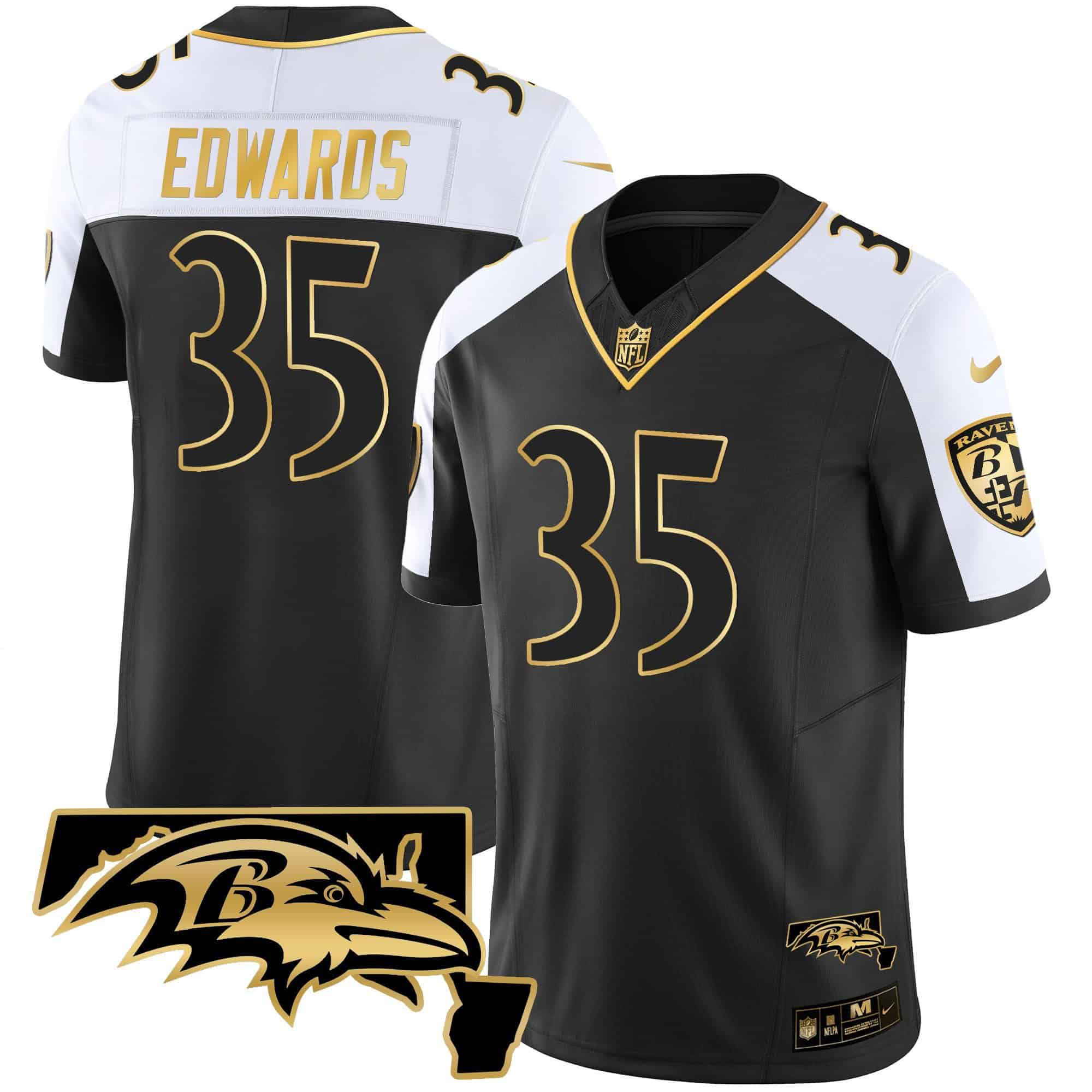 Men Baltimore Ravens #35 Edwards Black Gold 2024 Nike Maryland Patch Vapor Limited NFL Jersey